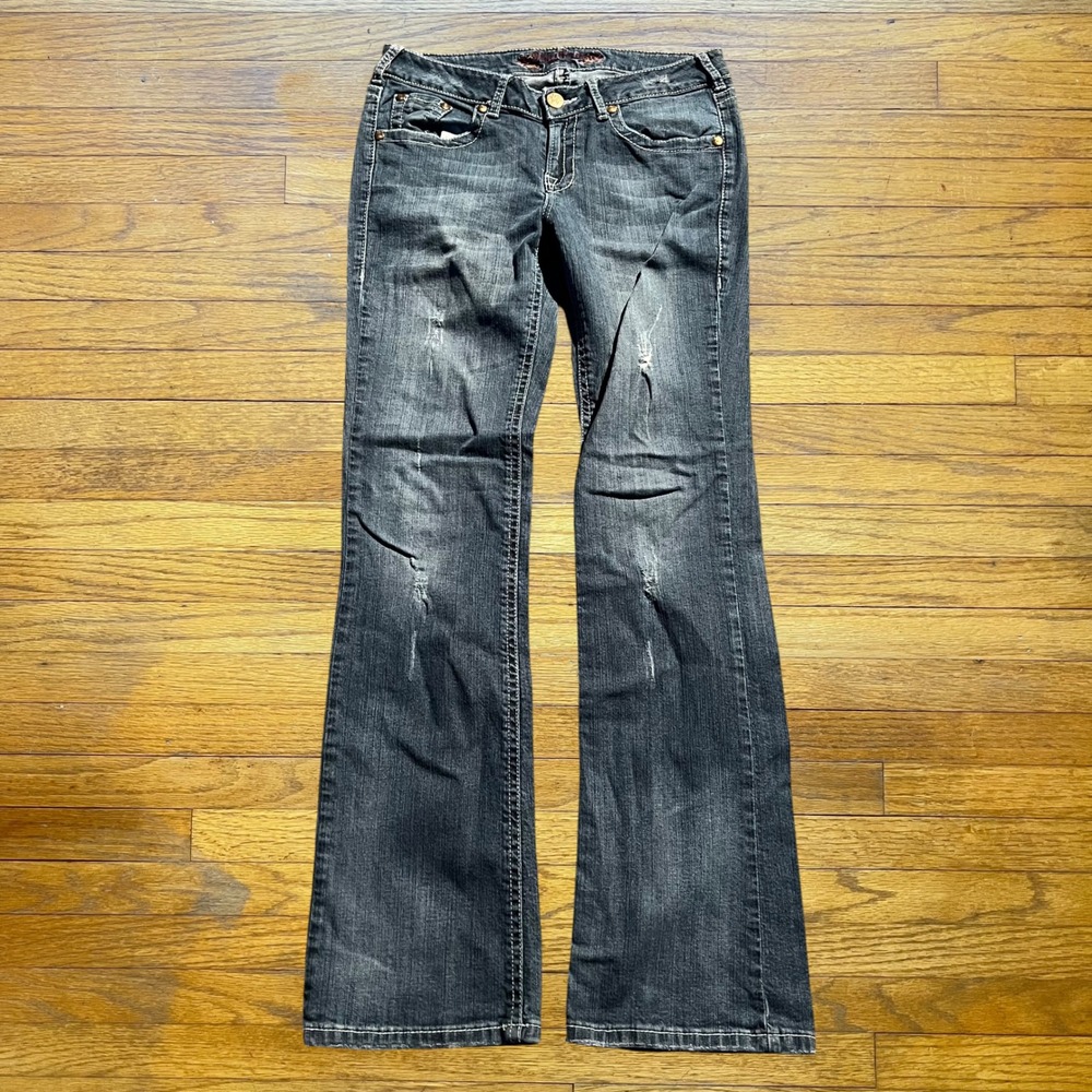Philanthropic Denim Womens Flare Jeans Grey Distressed Low Rise PHD1005J Size 9